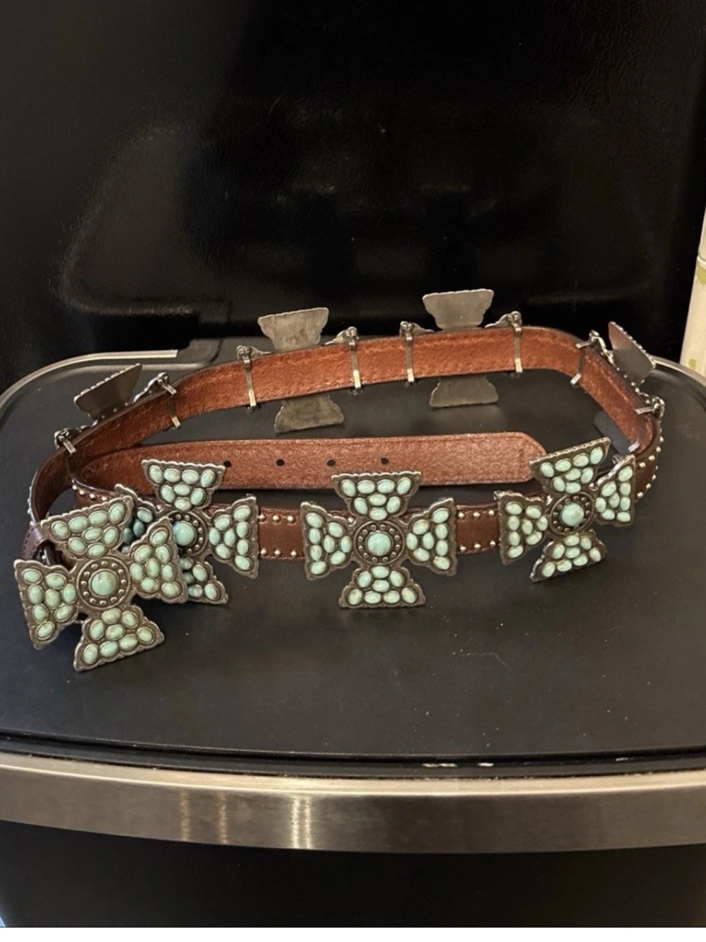 SSM brown leather studded belt with turquoise cross Conchos M boho southwestern